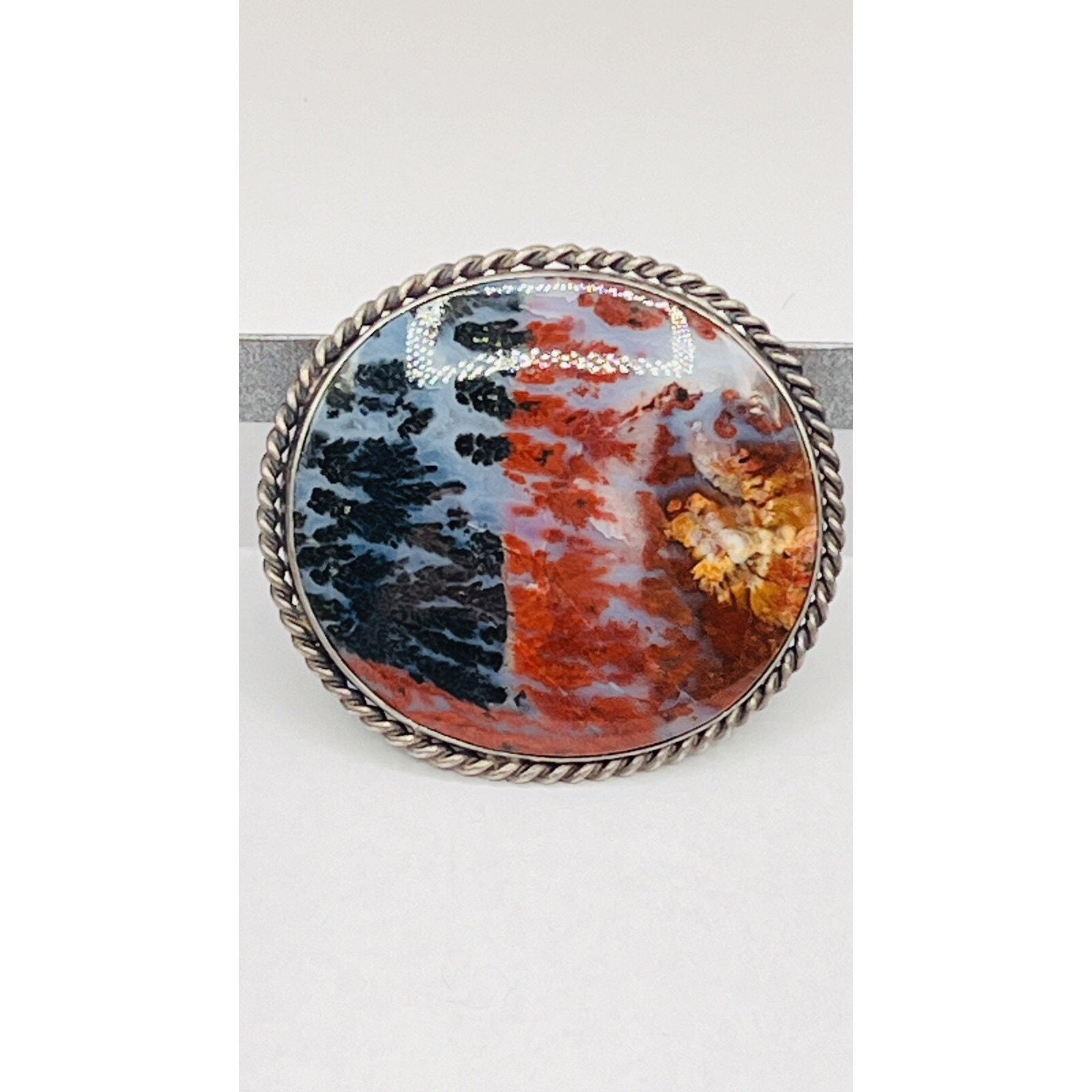 Antique Silver And Moss Agate Pin Brooch Oval Multicolored